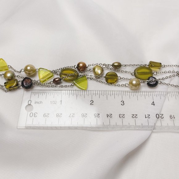 Olive Green Brown Natural Pearl Glass Beaded Silver Chain Layered Necklace - Picture 11 of 11